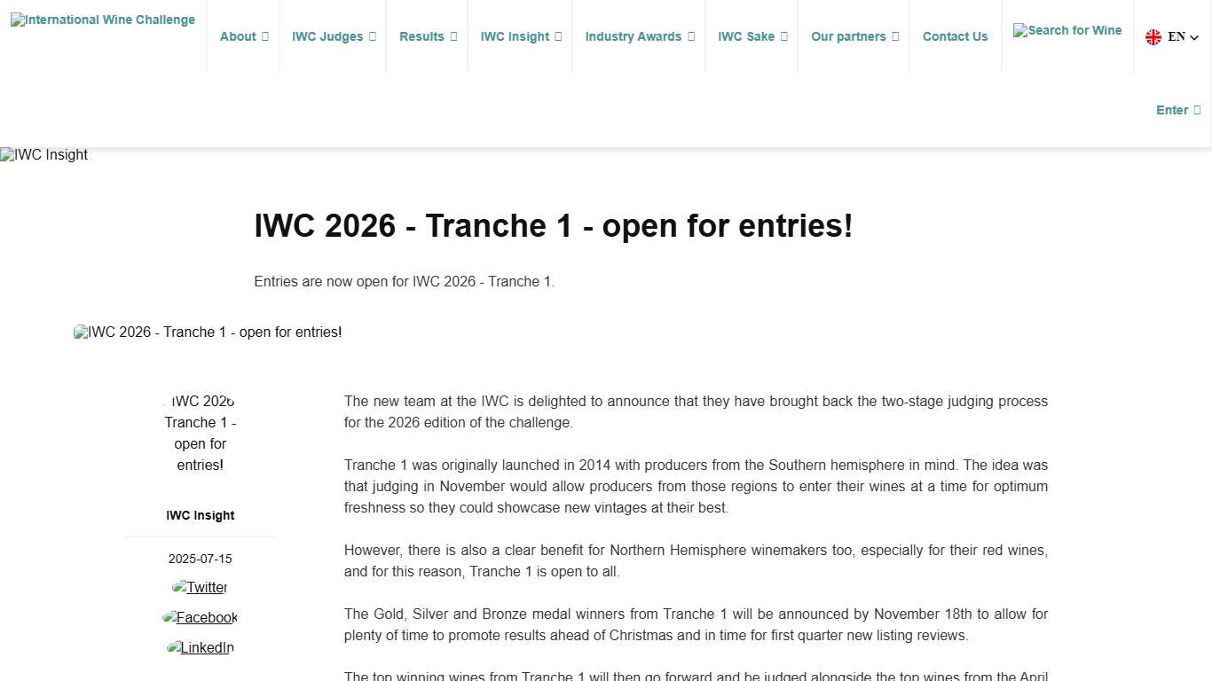 IWC 2026 - Tranche 1 - open for entries!