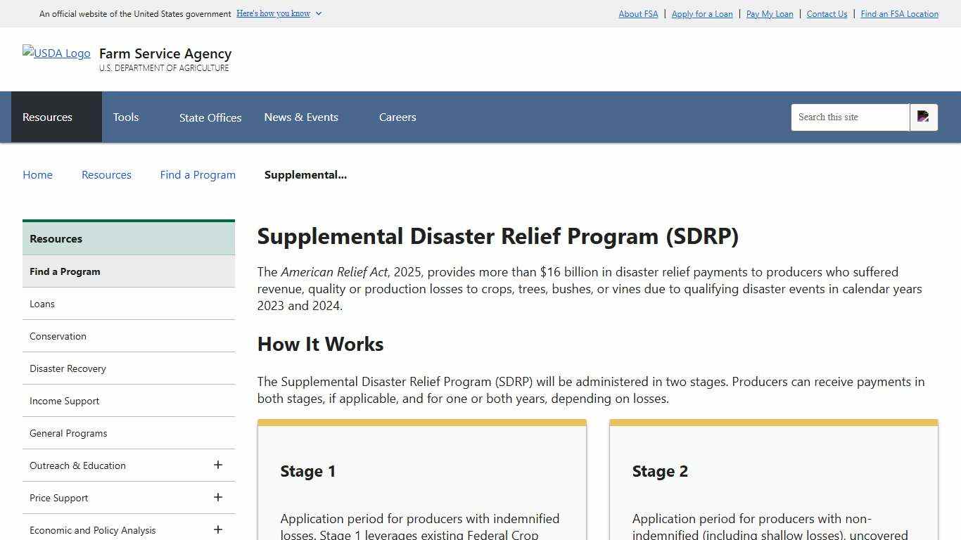 Supplemental Disaster Relief Program (SDRP) Farm Service Agency